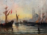 a painting of a harbor scene with boats in the water