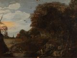peinture d'un paysage avec une rivière et un château au loin