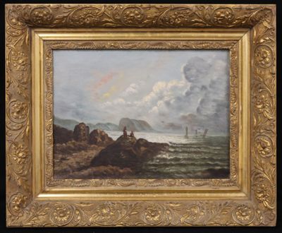 a painting of a man standing on a rock by the ocean