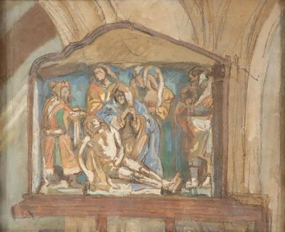 a painting on the wall of a church depicting jesus being nailed to the cross
