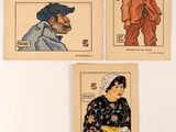 trois anciennes cartes postales japonaises représentant un homme, une femme et un enfant