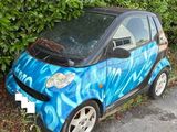 a small blue car parked on the side of the road