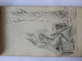 an old book with a drawing of a man sitting on a bench