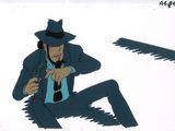 animation production cel of a man in a suit and hat holding a gun