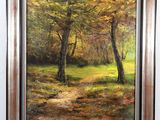 a painting of a path through a forest with trees in the background