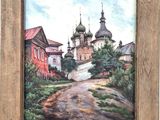 an oil painting of a street with a church in the background