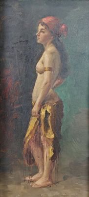 an oil painting of a woman with a red headband standing in front of a blue wall
