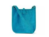 a small blue purse with a strap on the handle