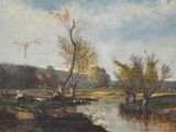 un tableau représentant un paysage avec une rivière et des arbres