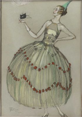 drawing of a woman in a green dress with a bird in her hand