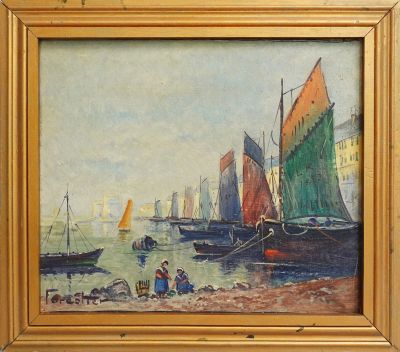 une peinture à l'huile représentant des bateaux dans un port, avec des personnes sur le rivage