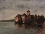 painting of a castle sitting on top of a body of water next to a body of water