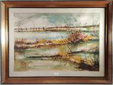 peinture représentant un paysage avec une rivière et des arbres en arrière-plan