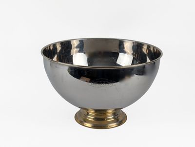 a close up of a metal bowl on a white background