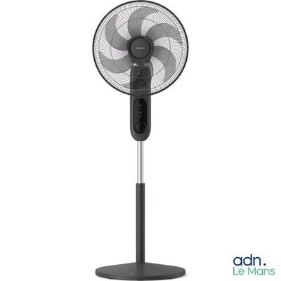 a black fan on a stand with a white background