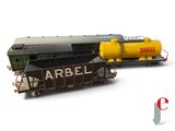 a model of a train car and a model of a tanker car