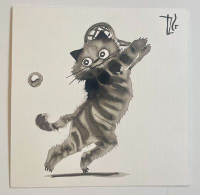 a painting of a cat playing with a ball