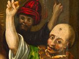 painting of a man holding a knife in front of a man in a red turban