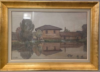 tableau représentant une maison au bord d'un lac, avec un bateau sur l'eau