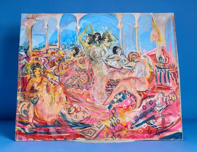 une peinture à l'huile représentant une femme assise sur un canapé en compagnie d'autres personnes