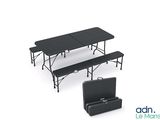 a black table and two benches next to each other