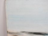a painting on the wall of a beach with a surfboard