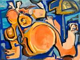 abstract painting of a man holding a cell phone in his right hand