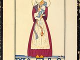 une vieille affiche représentant une femme en robe tenant une épée