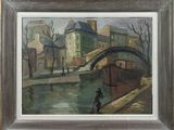 an oil painting of a man walking down a street next to a river