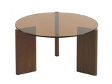 a round glass coffee table with wooden legs and a glass top