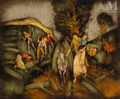 une image représentant un tableau où l'on voit une femme à cheval dans une forêt