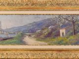 l'image d'une peinture représentant une rivière avec un pont en arrière-plan