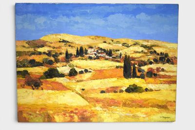 an oil painting of a landscape with hills and trees on a sunny day