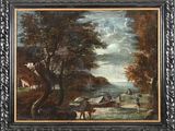une peinture à l'huile représentant une scène de rivière avec un bateau au premier plan