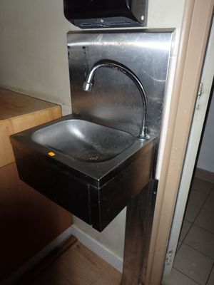 un lavabo en acier inoxydable dans une salle de bains, sur lequel est posé un micro-ondes