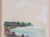 un tableau représentant un homme assis sur un bateau sur l'eau