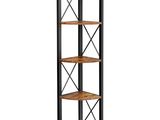 une étagère d'angle en bois et en métal comportant quatre tablettes