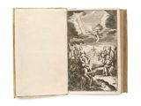 an open book with a drawing of a biblical scene on it