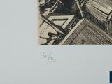 a black and white drawing of a man on a motorcycle