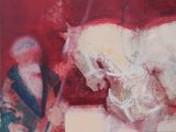 a painting of a man riding a horse on a red background