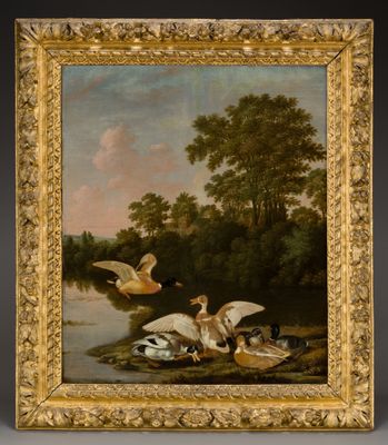 un tableau représentant des canards dans une rivière, avec des arbres en arrière-plan