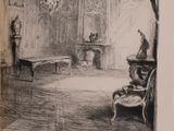 drawing of a drawing of a living room with a table and chairs