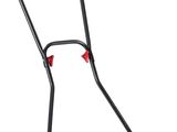 a red and black lawn mower on a white background