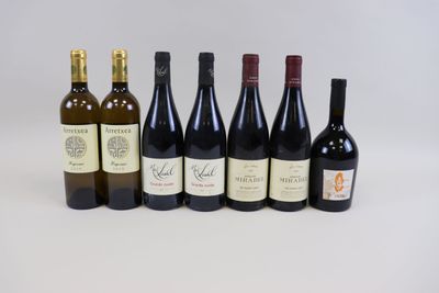 six bouteilles de vin sont alignées sur une surface blanche