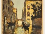 an oil painting of a canal with gondola boats on it