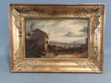 une peinture à l'huile représentant une scène de vie à la ferme avec une grange et du bétail