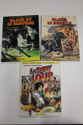 trois livres posés sur une table blanche, avec un chat noir et un cheval noir