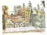dessin représentant un portail dans un jardin, avec des fleurs et des arbres en arrière-plan