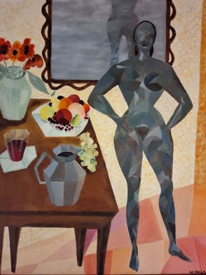 a painting of a woman standing in front of a table with a vase of flowers
