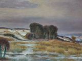 une peinture à l'huile représentant un paysage enneigé avec des arbres au loin